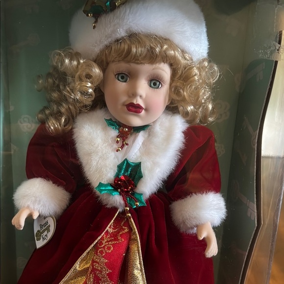 porcelain doll red velvet dress Collectors Choice Porcelain Doll Burgundy Velvet Dress Hat to Match Gold  Tone Buttons With White Center Gold Tone Lace Collar Dandee 1990